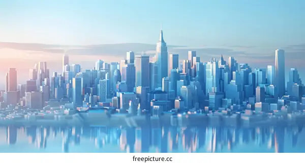 Blue and White Cityscape with Towering Skyscrapers in Urban Metropolis