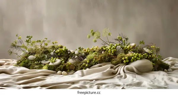 Green and White Floral Arrangement with Moss and Stones