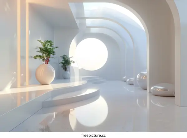 White futuristic interior design with green tropical plants