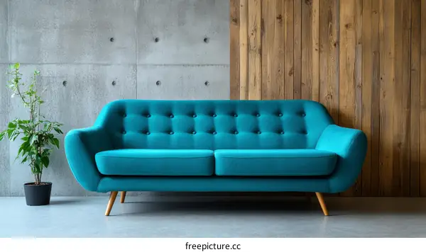 Modern Turquoise Sofa in a Stylish Concrete and Wood Room