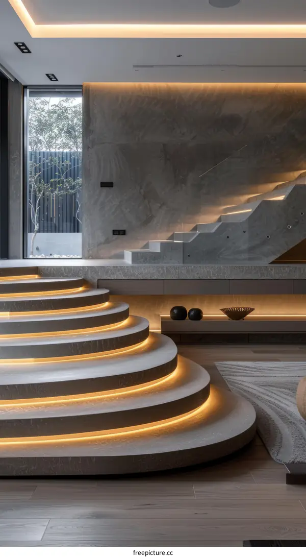 Modern minimalist marble staircase with integrated lighting