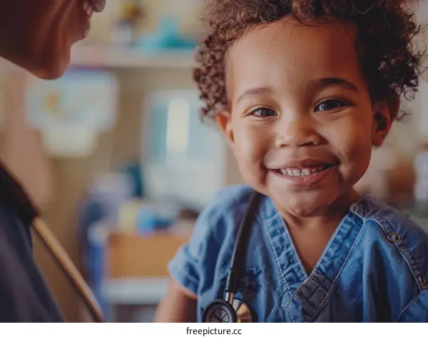 Smiling African American toddler in doctor's outfit with stethoscope around neck