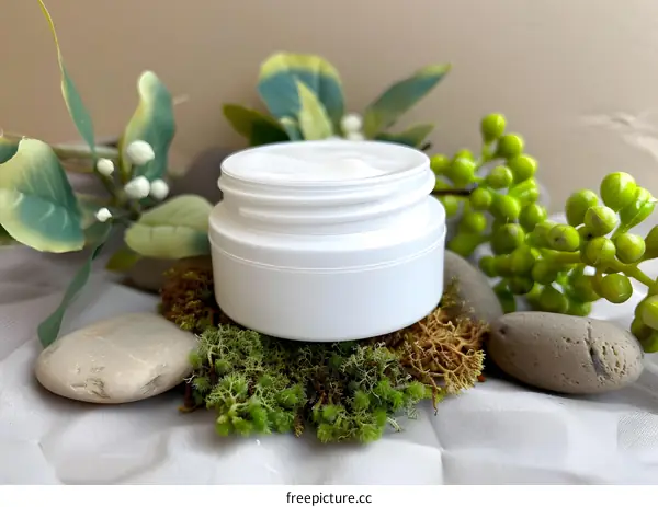 White Cream Jar on Moss and Rocks