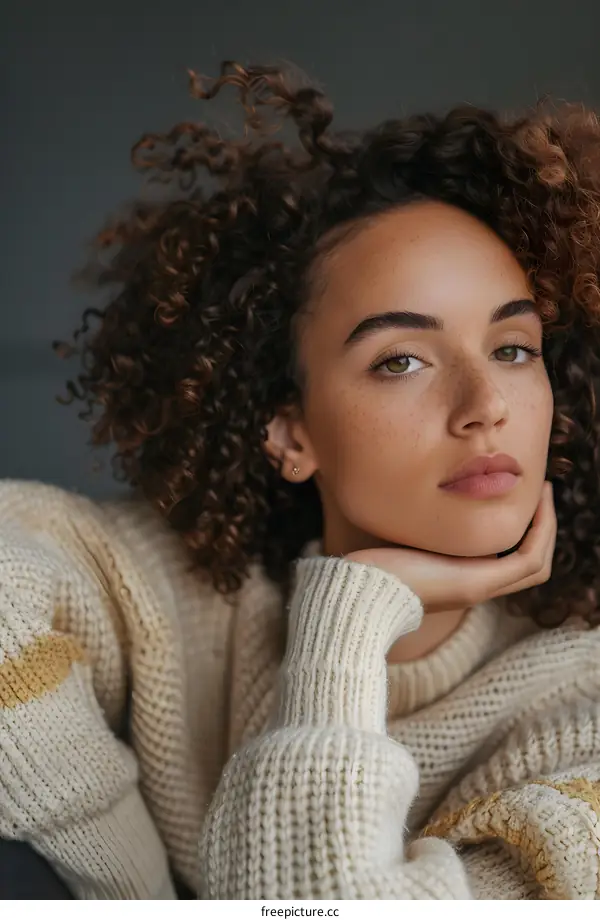 Portrait of a Young Woman with Curly Hair and Freckles