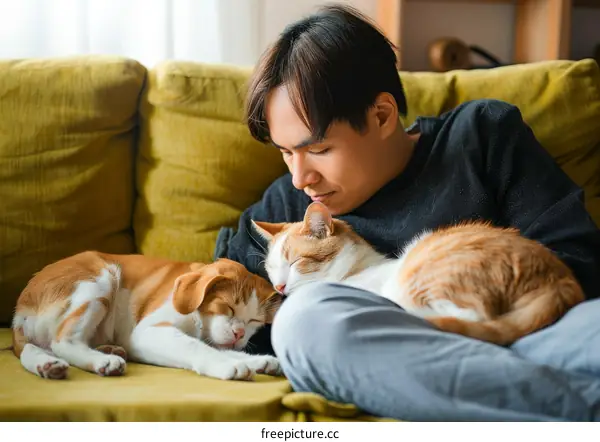 A man is sitting on a couch with a cat and a dog sleeping on him.