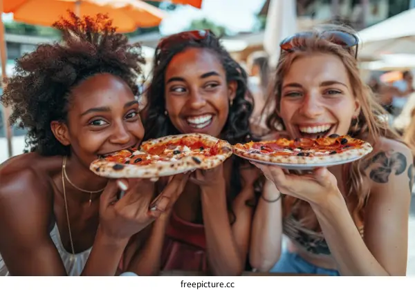 Three Diverse Women Enjoying Pizza Outdoors