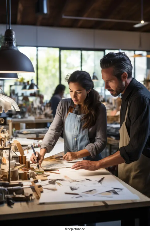 Two people in a wood shop looking at plans