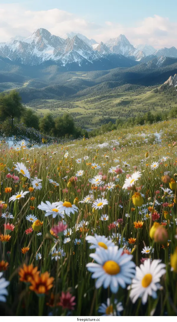 Field of flowers with mountains in the background