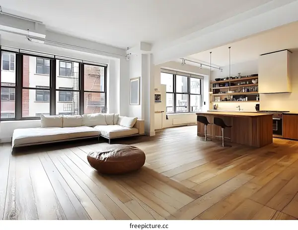 Modern Open Concept Living Room and Kitchen with Hardwood Floors