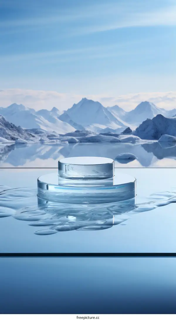 3D Rendered Glass Podiums on Ice and Snow Mountain Landscape