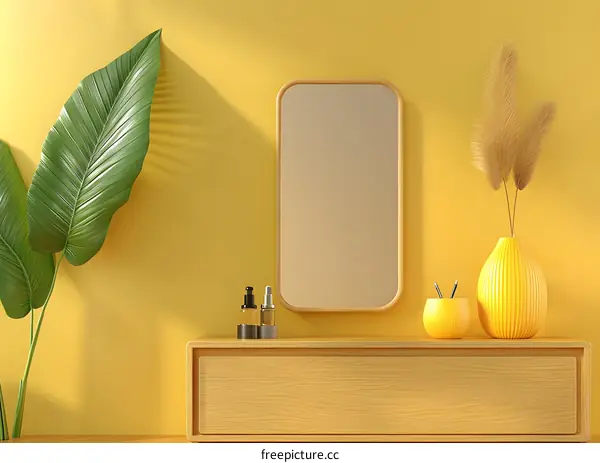 Minimalist Yellow Interior Design with Wooden Drawer and Mirror