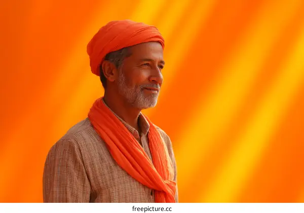 Indian Man in Orange Headwear Against an Orange Background