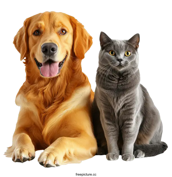 [Transparent Background PNG]Golden Retriever and Gray Cat Portrait