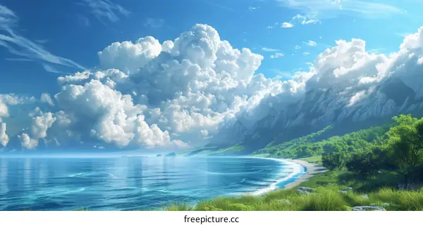 Mountainous Landscape with Blue Sky and White Clouds