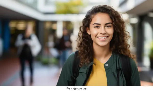 Portrait of a smiling young woman with curly hair wearing a yellow shirt and a green jacket standing in a university campus