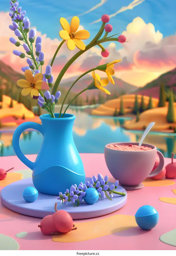 Blue Vase With Flower Bouquet And Breakfast Cereal