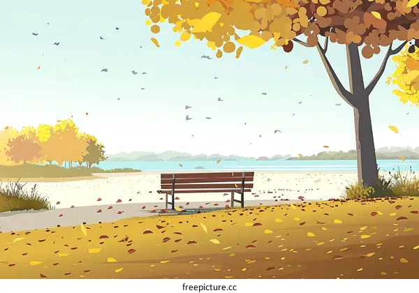 Autumn Landscape with Bench and Fallen Leaves