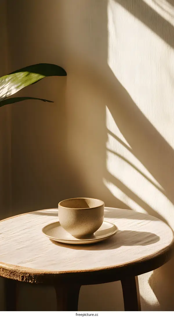 Ceramic Cup with Saucer on Wooden Table with Light Shining Through Window