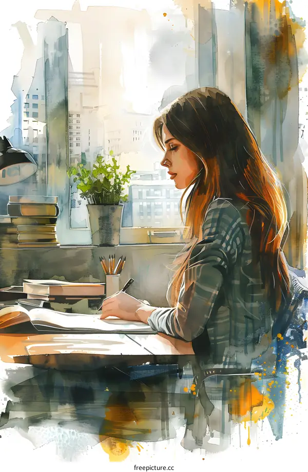 girl writing in a notebook by the window