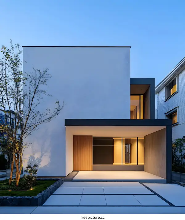 Modern Minimalist House with Wooden Door and Stone Patio