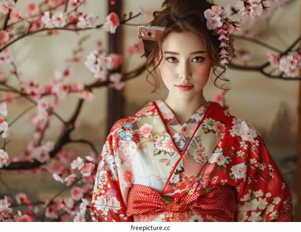 Japanese Woman in Traditional Red Kimono with Cherry Blossom Flowers