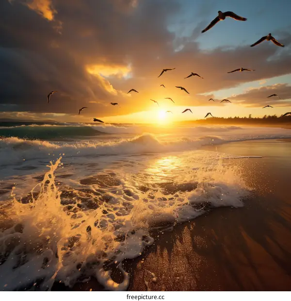 Golden Sunset Over the Beach with Crashing Waves