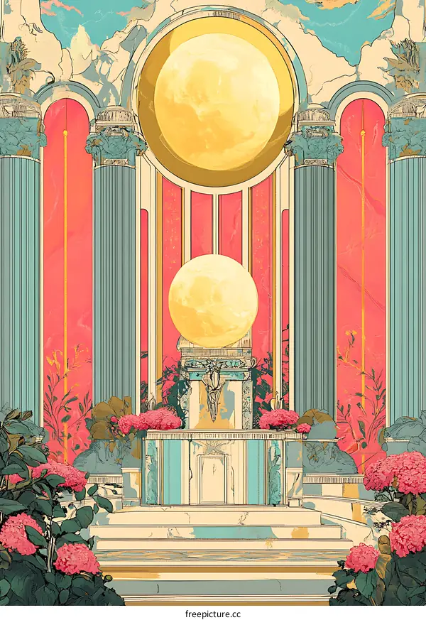 Surreal Illustration of an Ancient Temple with Two Moons and Pink Flowers