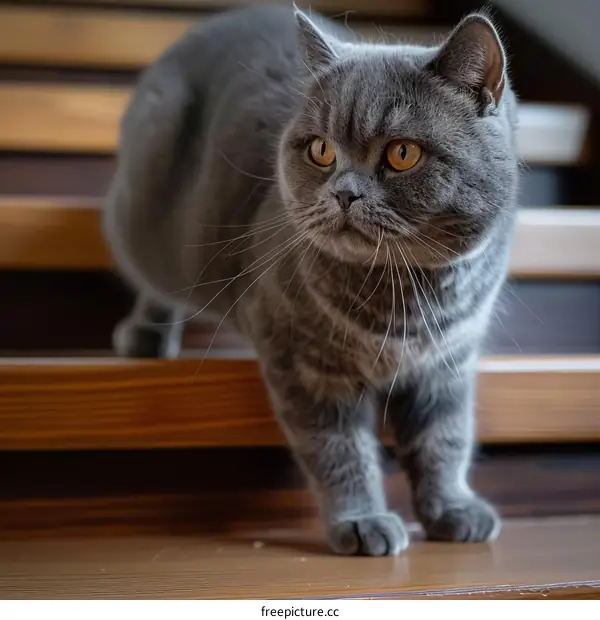 A gray British shorthair cat is walking down a wooden staircase.