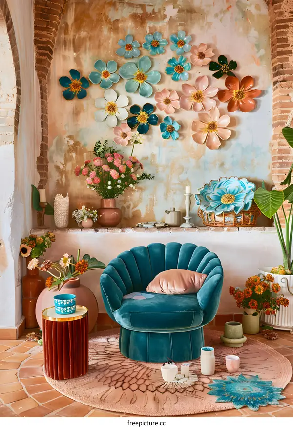Teal Velvet Chair with Floral Wall Decor and Rug