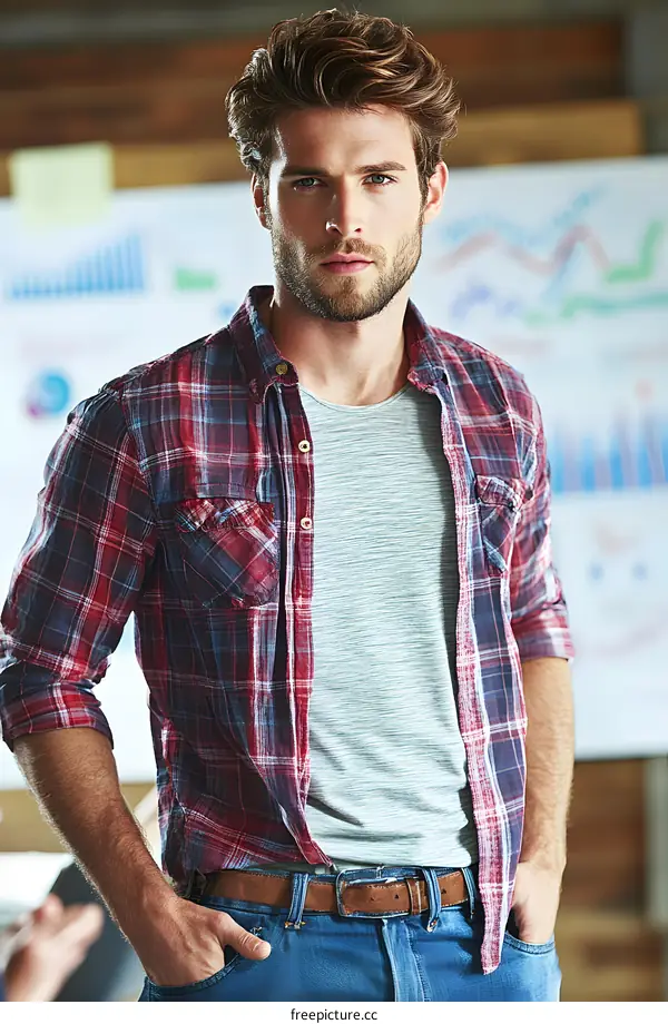 Man in Plaid Shirt Standing in an Office