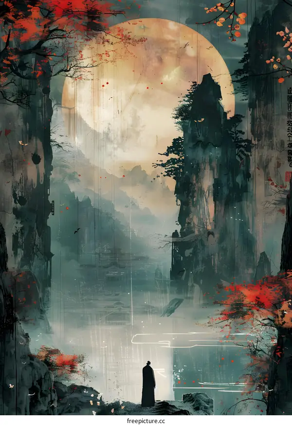 A solumn man stands on the cliff and watchs the waterfall under the moonlight