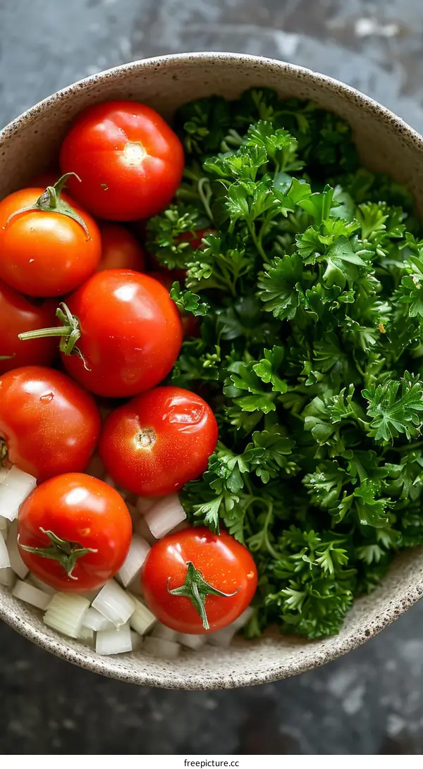 Fresh organic tomatoes and parsley in a bowl
