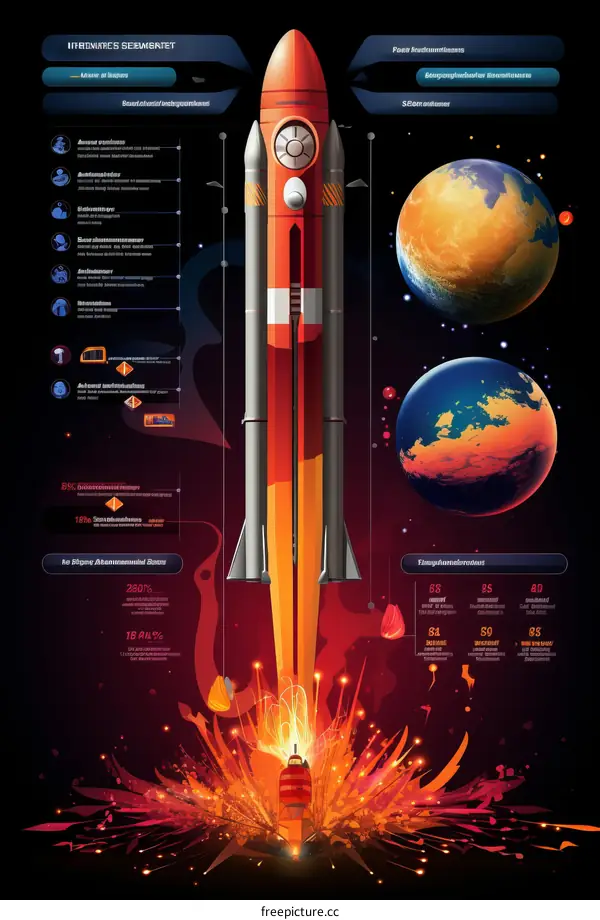 The illustration shows a rocket launching from earth to the moon. The rocket has different parts. The earth is shown with its atmosphere.