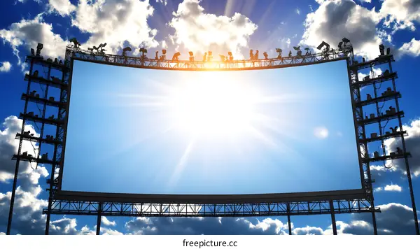 Blank Big Screen Against A Blue Sky With Sun