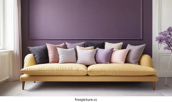 Mustard Yellow Sofa with Multicolored Cushions in a Modern Living Room