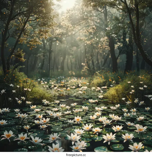 Mystical Forest Pond with Glowing White Water Lilies