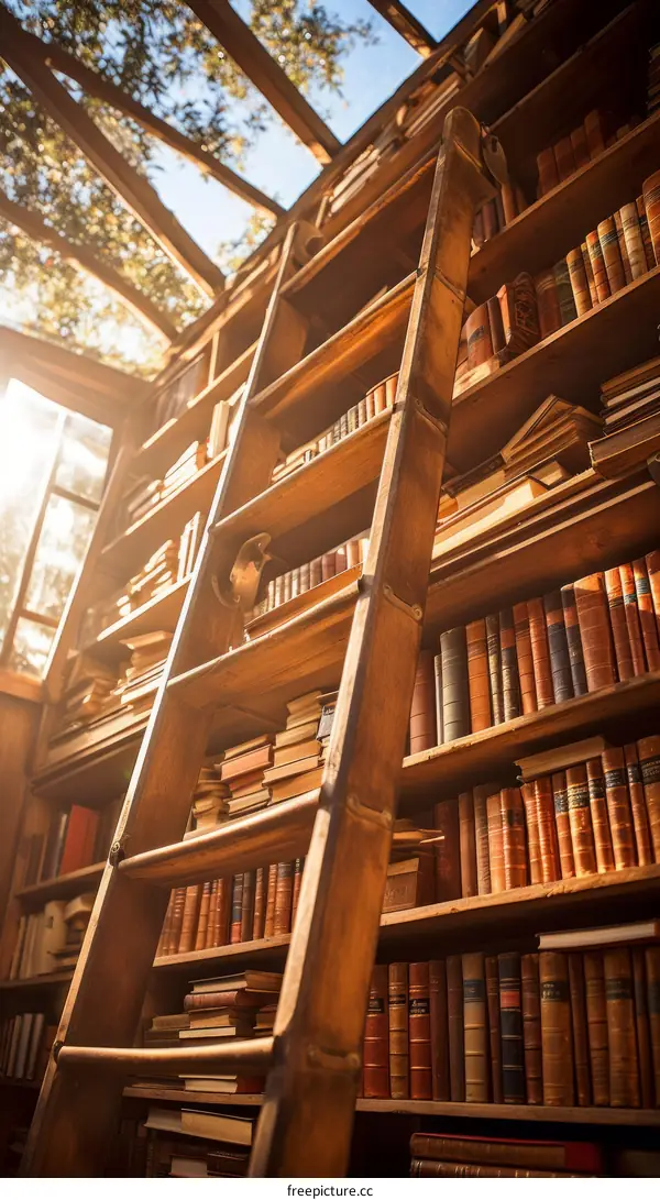 Wooden library ladder to reach the top shelf of books