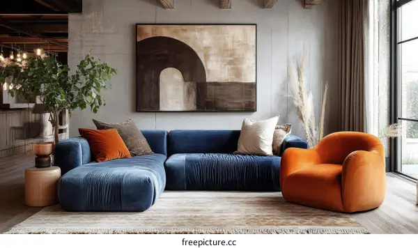 Modern Living Room Interior Design with  Velvet Sofa and Orange Chair