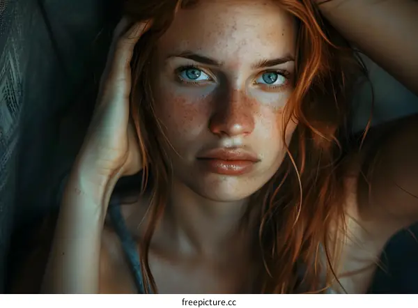 Portrait of a young woman with red hair and freckles
