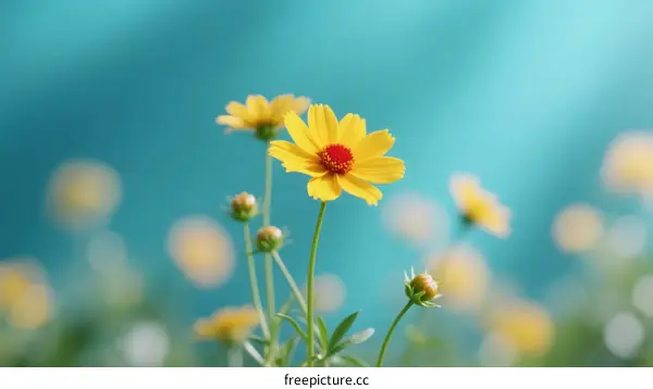 Bright Yellow Coreopsis Flowers Against Soft Blue Background