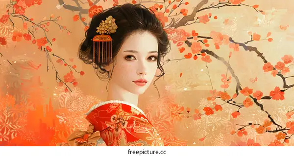 Beautiful Japanese Woman in Traditional Kimono with Cherry Blossoms