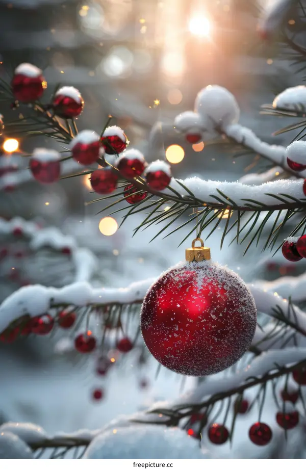 Red Christmas Ornament Hanging on Snow Covered Tree