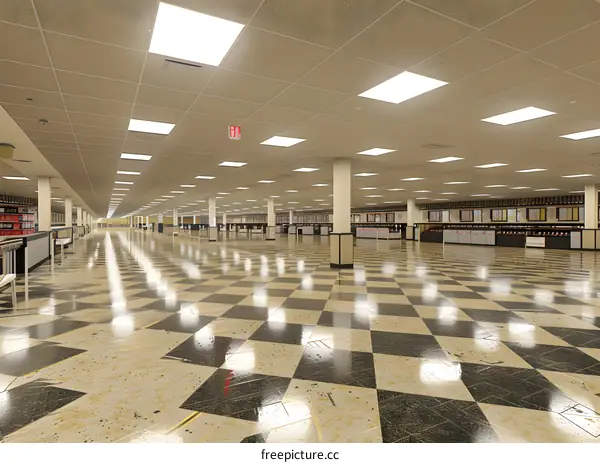 Empty Warehouse Interior Design with Checkerboard Floor