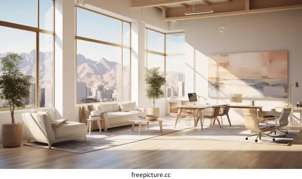 A modern office with a view of the mountains