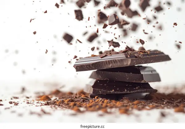 Stack of dark chocolate bars with cocoa powder