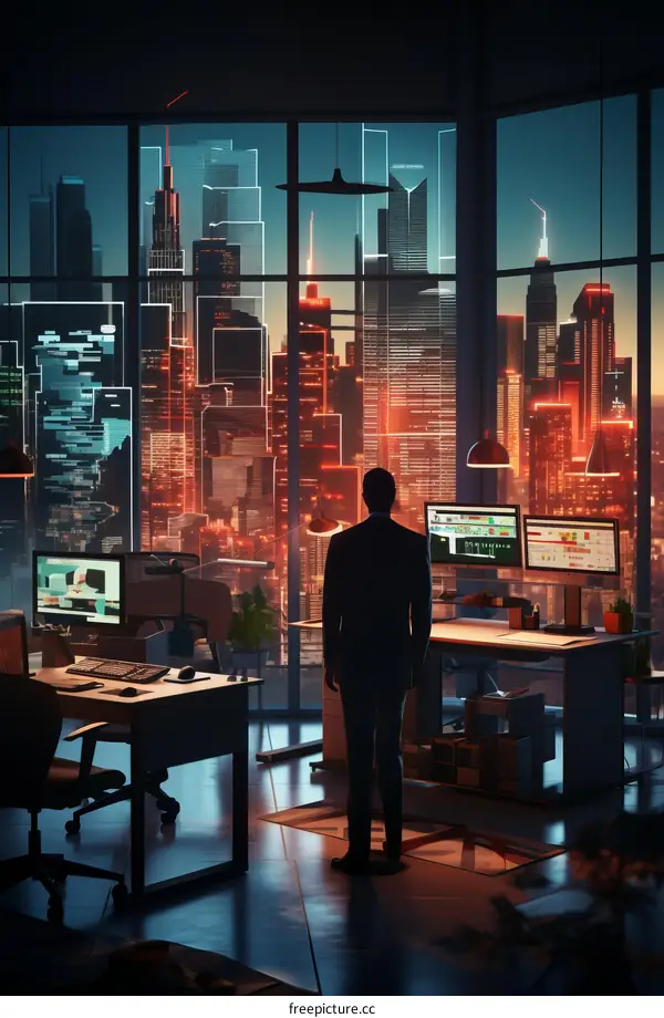 Businessman looking at the city from his office window at night