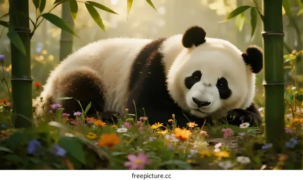 Giant Panda Resting Amidst Lush Green Bamboo and Colorful Flowers
