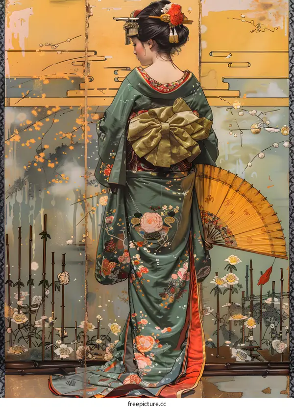 Japanese Woman in Traditional Kimono with Fan