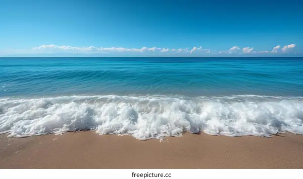 Gentle waves rolling onto a sandy beach under a clear blue sky