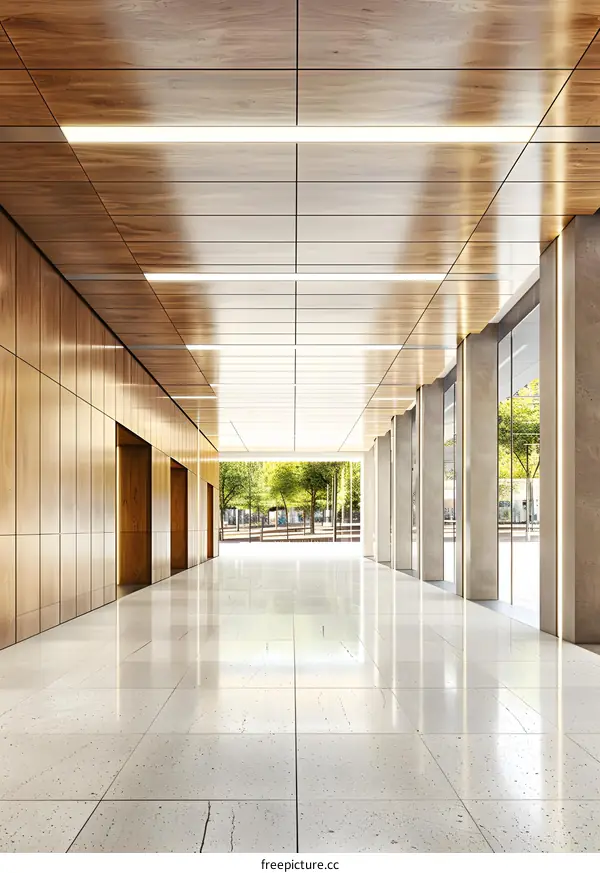 Modern Wooden Ceiling And Tiled Floor Hallway